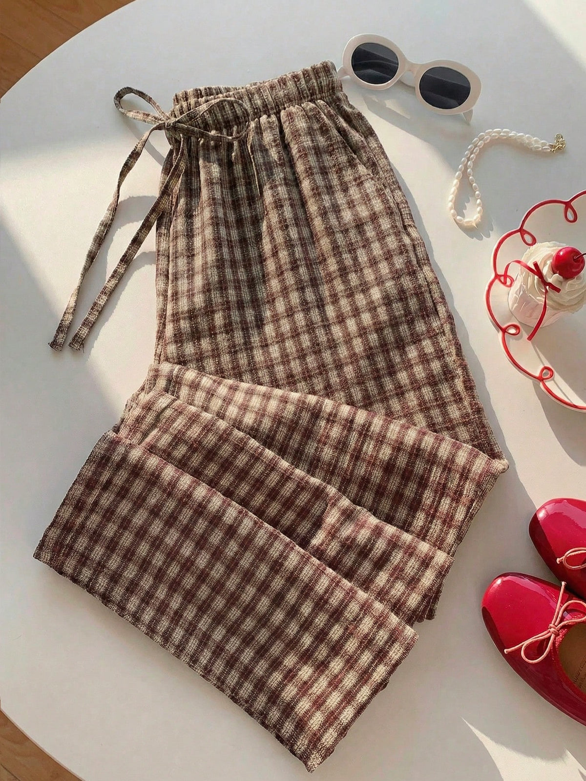 Comfortcana Women's Casual Plaid Drawstring Waist Pants, Summer Picnic, Countryside Gingham Checkered Lounge Pants, Daily Wear Valentine's Day Costume