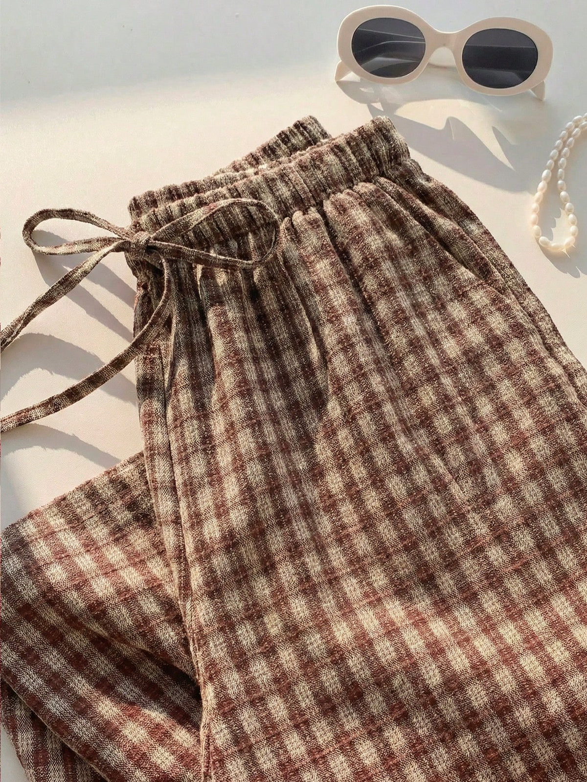 Comfortcana Women's Casual Plaid Drawstring Waist Pants, Summer Picnic, Countryside Gingham Checkered Lounge Pants, Daily Wear Valentine's Day Costume
