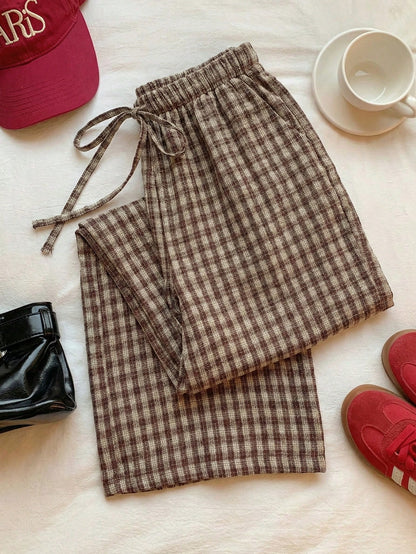 Comfortcana Women's Casual Plaid Drawstring Waist Pants, Summer Picnic, Countryside Gingham Checkered Lounge Pants, Daily Wear Valentine's Day Costume