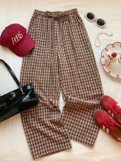 Comfortcana Women's Casual Plaid Drawstring Waist Pants, Summer Picnic, Countryside Gingham Checkered Lounge Pants, Daily Wear Valentine's Day Costume