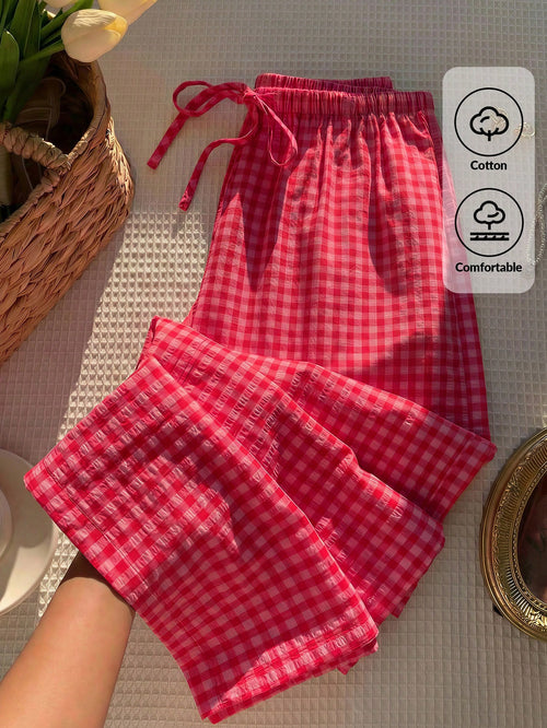 Comfortcana Women's Check Plaid Print Casual Cute Pants, Autumn Beach Loung Vacations, Y2K Fashionable Festival Pants, Comfortable Country Red Plaid