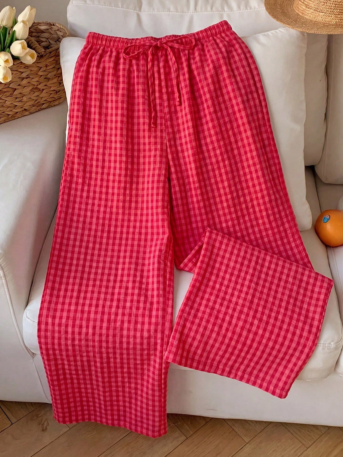 Comfortcana Women's Check Plaid Print Casual Cute Pants, Autumn Beach Loung Vacations, Y2K Fashionable Festival Pants, Comfortable Country Red Plaid