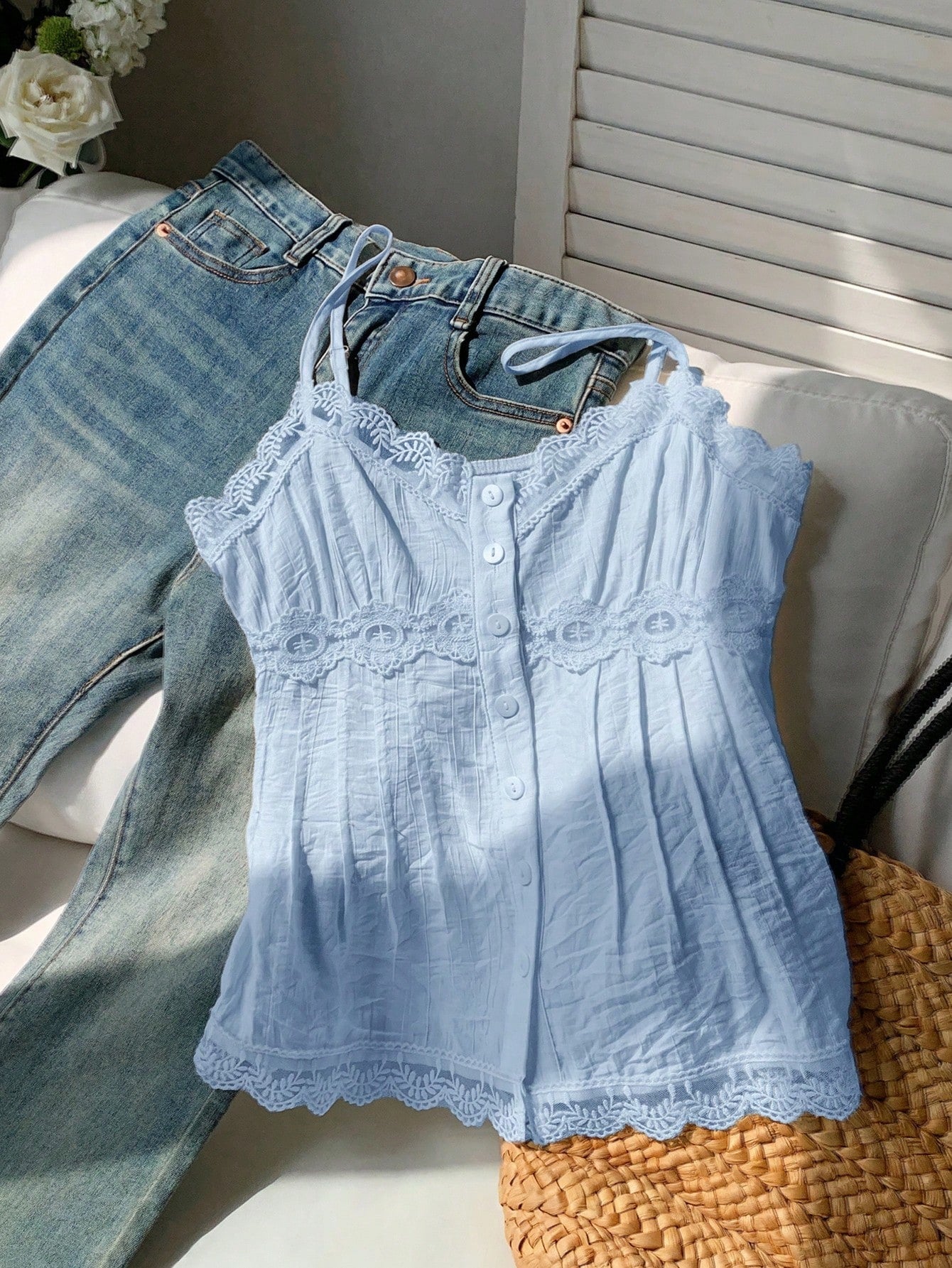 Comfortcana Women's Lace Trim Pleated Casual Elegant Versatile Daily Vacation Outing Camisole Blouse Blue Summer