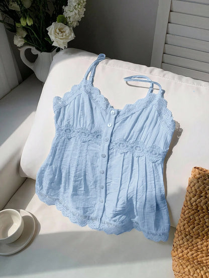 Comfortcana Women's Lace Trim Pleated Casual Elegant Versatile Daily Vacation Outing Camisole Blouse Blue Summer