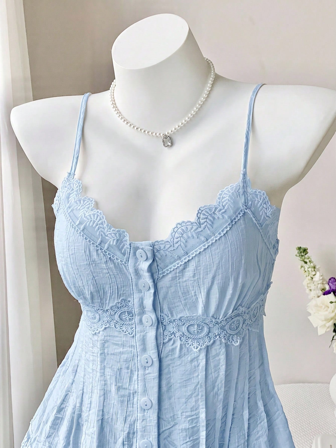 Comfortcana Women's Lace Trim Pleated Casual Elegant Versatile Daily Vacation Outing Camisole Blouse Blue Summer