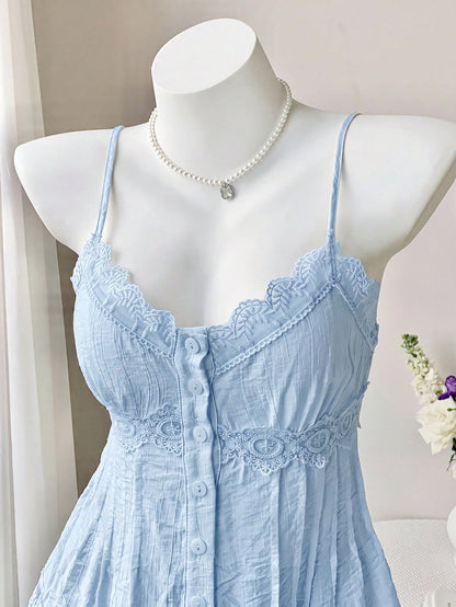Comfortcana Women's Lace Trim Pleated Casual Elegant Versatile Daily Vacation Outing Camisole Blouse Blue Summer
