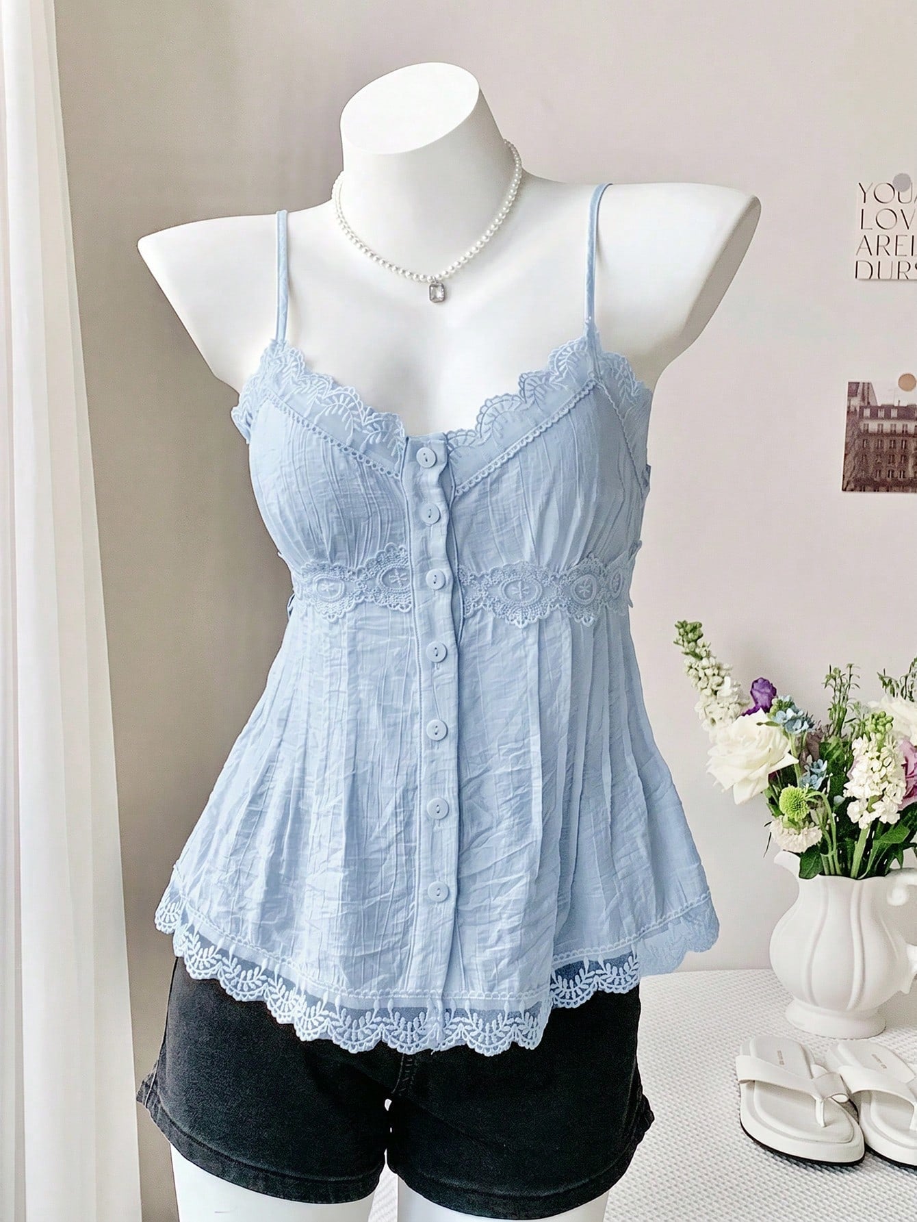 Comfortcana Women's Lace Trim Pleated Casual Elegant Versatile Daily Vacation Outing Camisole Blouse Blue Summer