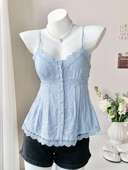 Comfortcana Women's Lace Trim Pleated Casual Elegant Versatile Daily Vacation Outing Camisole Blouse Blue Summer