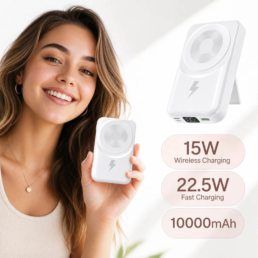 Compact White 10000mAh Wireless Battery Pack With Magnetic Ring And 22.5W Fast Charging, Featuring A Digital Battery Level Display, White Rectangular Body And Practical Kickstand, Made For Magnetic-Re
