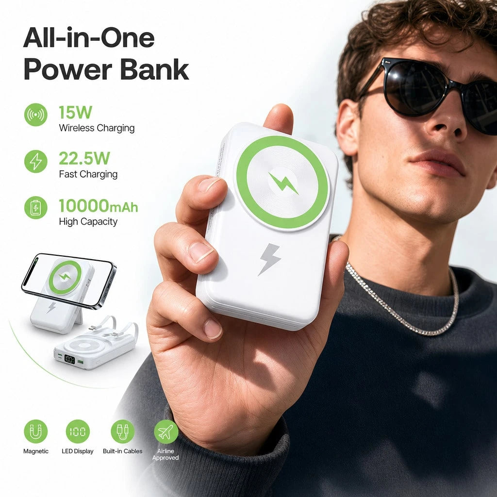 Compact White 10000mAh Wireless Battery Pack With Magnetic Ring And 22.5W Fast Charging, Featuring A Digital Battery Level Display, White Rectangular Body And Practical Kickstand, Designed For IPhone