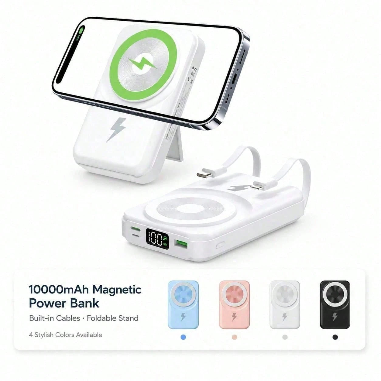 Compact White 10000mAh Wireless Battery Pack With Magnetic Ring And 22.5W Fast Charging, Featuring A Digital Battery Level Display, White Rectangular Body And Practical Kickstand, Designed For IPhone