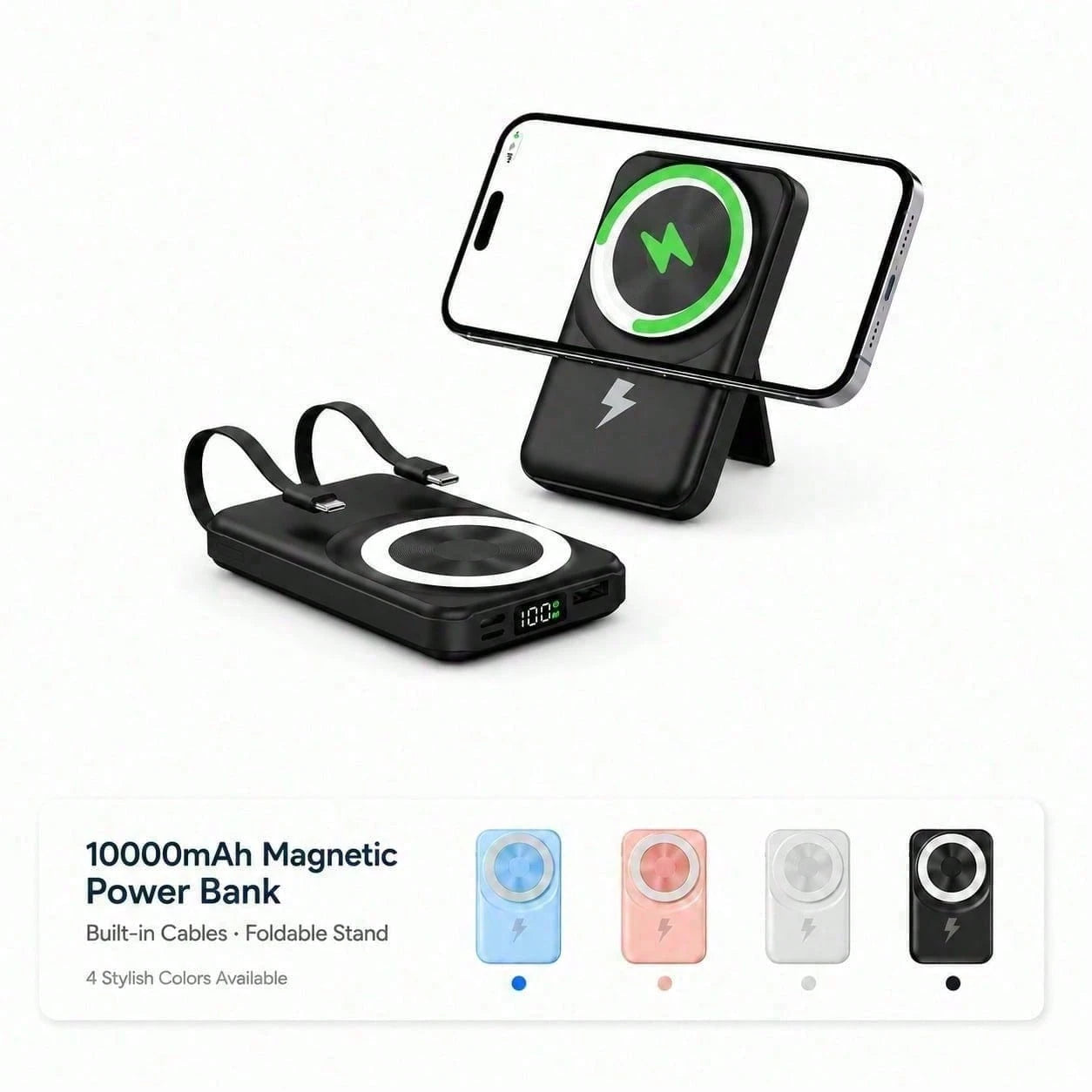 Compact White 10000mAh Wireless Battery Pack With Magnetic Ring And 22.5W Fast Charging, Featuring A Digital Battery Level Display, White Rectangular Body And Practical Kickstand, Made For Magnetic-Re