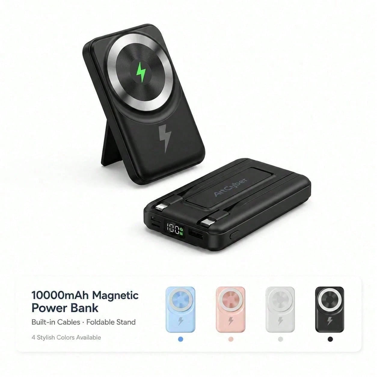 Compact White 10000mAh Wireless Battery Pack With Magnetic Ring And 22.5W Fast Charging, Featuring A Digital Battery Level Display, White Rectangular Body And Practical Kickstand, Made For Magnetic-Re