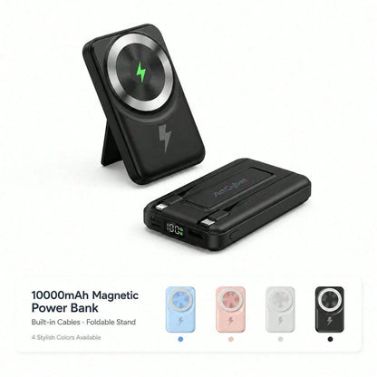 Compact White 10000mAh Wireless Battery Pack With Magnetic Ring And 22.5W Fast Charging, Featuring A Digital Battery Level Display, White Rectangular Body And Practical Kickstand, Designed For IPhone