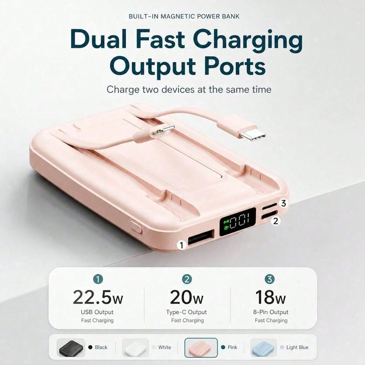 Compact White 10000mAh Wireless Battery Pack With Magnetic Ring And 22.5W Fast Charging, Featuring A Digital Battery Level Display, White Rectangular Body And Practical Kickstand, Made For Magnetic-Re