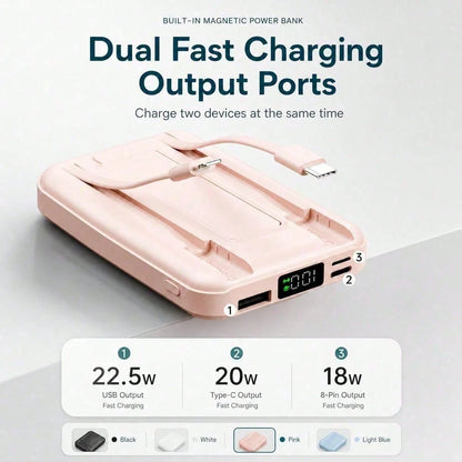 Compact White 10000mAh Wireless Battery Pack With Magnetic Ring And 22.5W Fast Charging, Featuring A Digital Battery Level Display, White Rectangular Body And Practical Kickstand, Made For Magnetic-Re