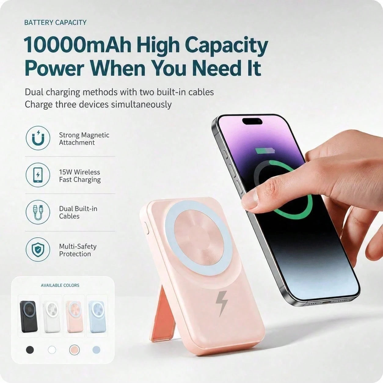Compact White 10000mAh Wireless Battery Pack With Magnetic Ring And 22.5W Fast Charging, Featuring A Digital Battery Level Display, White Rectangular Body And Practical Kickstand, Made For Magnetic-Re