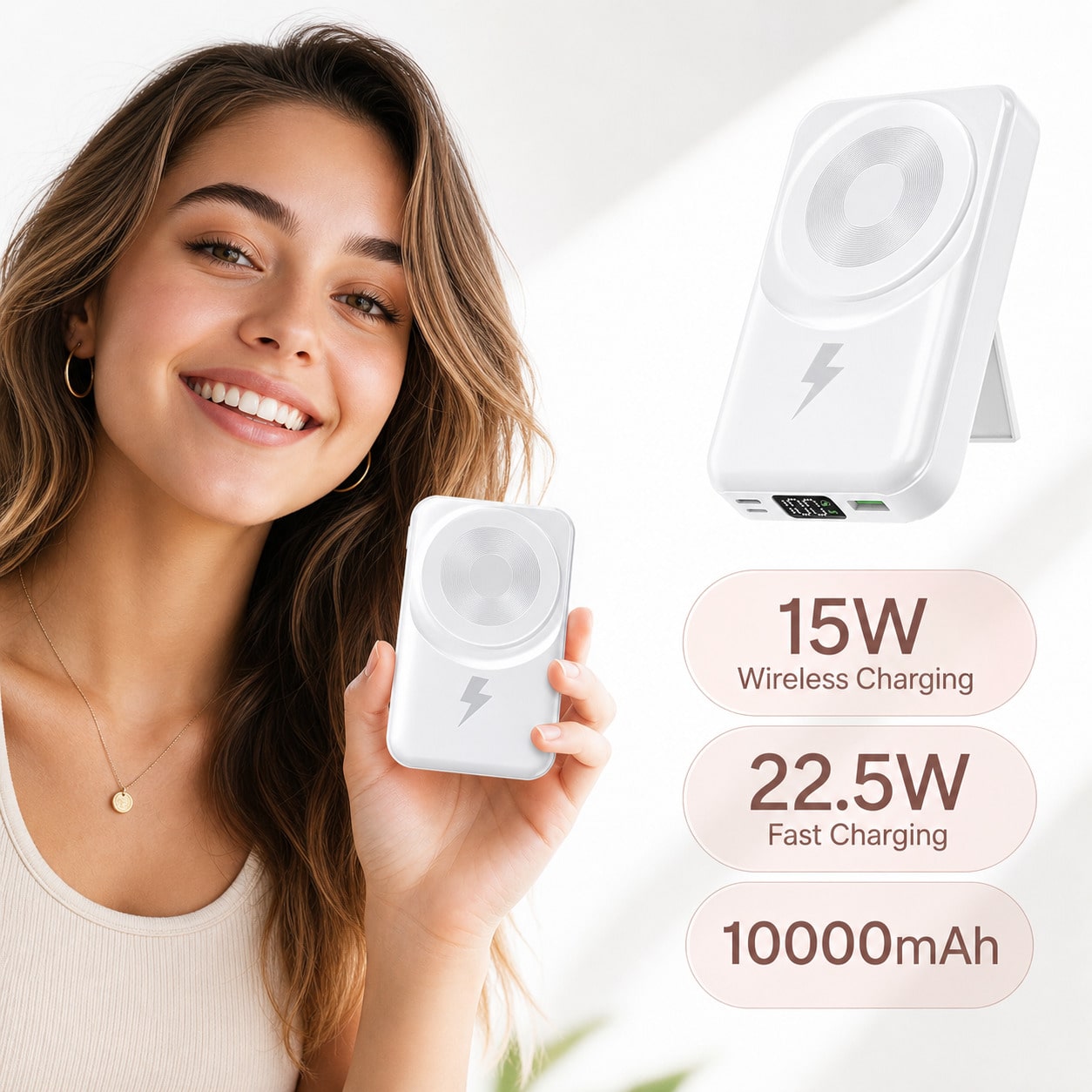 Compact White 10000mAh Wireless Battery Pack With Magnetic Ring And 22.5W Fast Charging, Featuring A Digital Battery Level Display, White Rectangular Body And Practical Kickstand, Made For Magnetic-Re