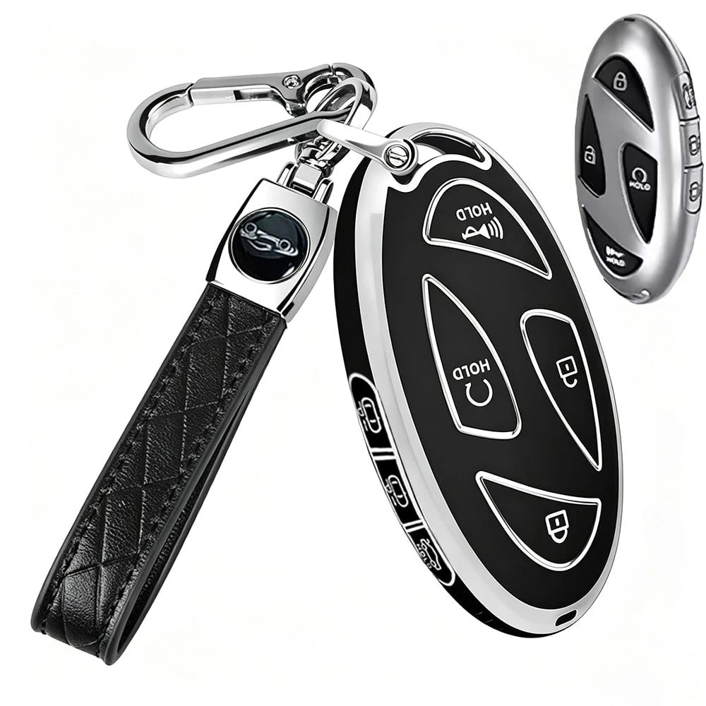 Compatible With Oval Modern 5-Button/7-Button Car Remote Key Fob, Electroplated Silver Edge TPU Full Coverage Protective Shell, Anti-Slip, Wear-Resistant, Anti-Drop, Dust-Proof, Minimalist Black Key C