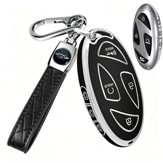 Compatible With Oval Modern 5-Button/7-Button Car Remote Key Fob, Electroplated Silver Edge TPU Full Coverage Protective Shell, Anti-Slip, Wear-Resistant, Anti-Drop, Dust-Proof, Minimalist Black Key C