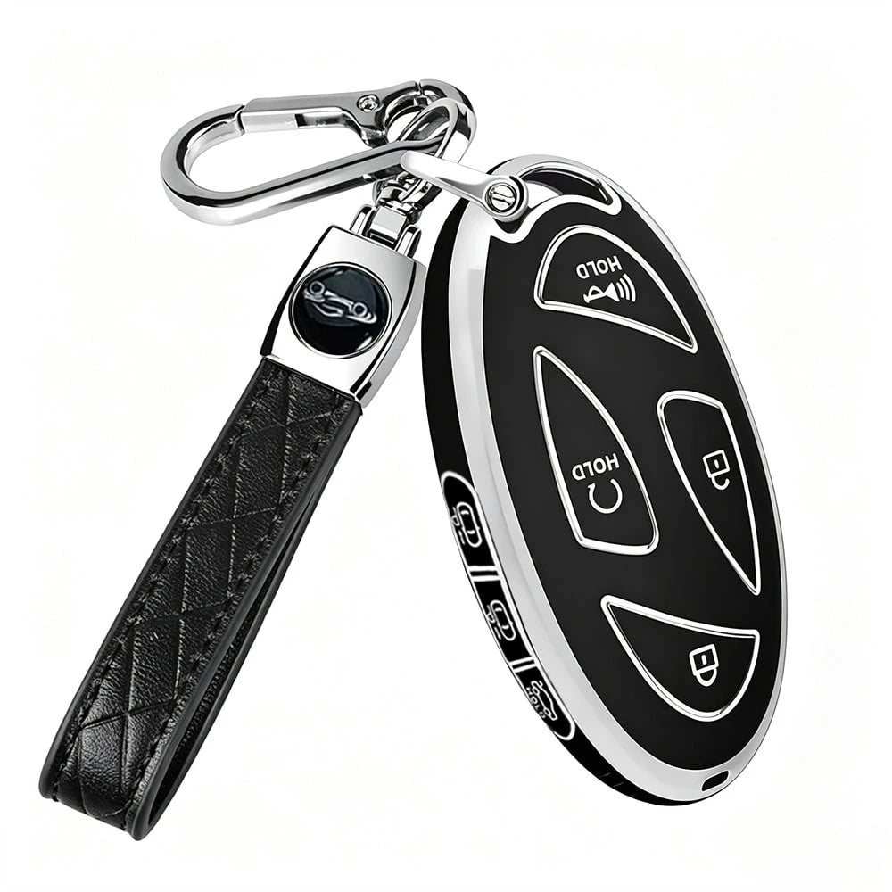 Compatible With Oval Modern 5-Button/7-Button Car Remote Key Fob, Electroplated Silver Edge TPU Full Coverage Protective Shell, Anti-Slip, Wear-Resistant, Anti-Drop, Dust-Proof, Minimalist Black Key C