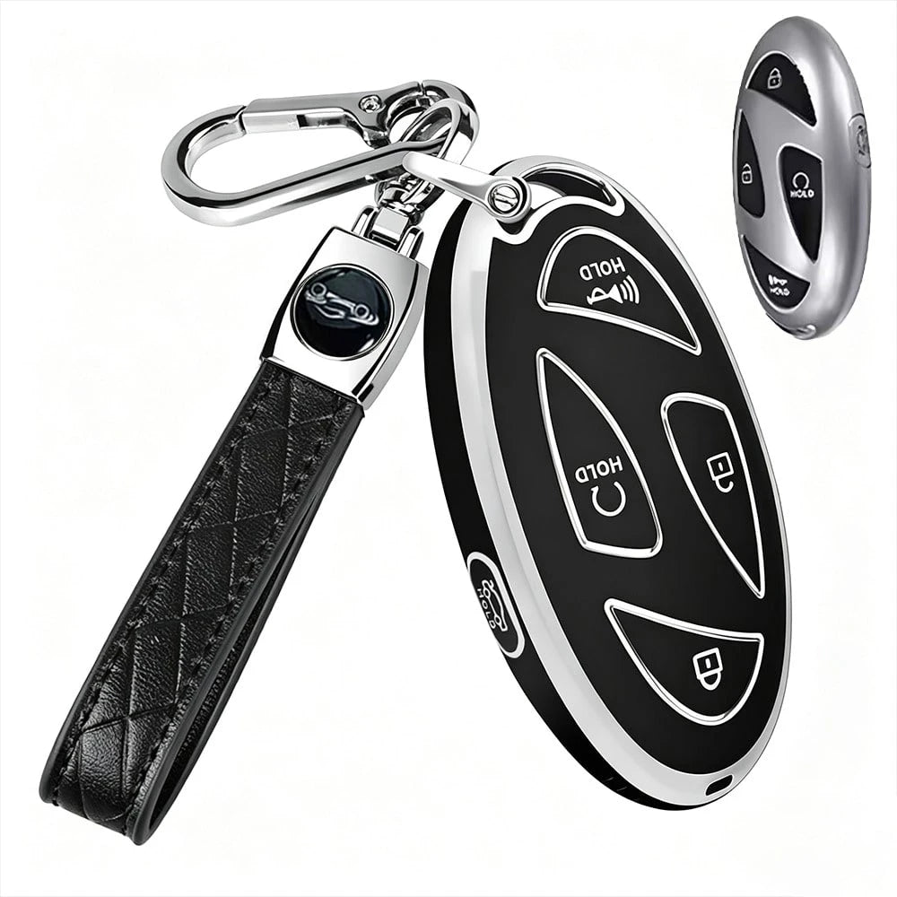 Compatible With Oval Modern 5-Button/7-Button Car Remote Key Fob, Electroplated Silver Edge TPU Full Coverage Protective Shell, Anti-Slip, Wear-Resistant, Anti-Drop, Dust-Proof, Minimalist Black Key C