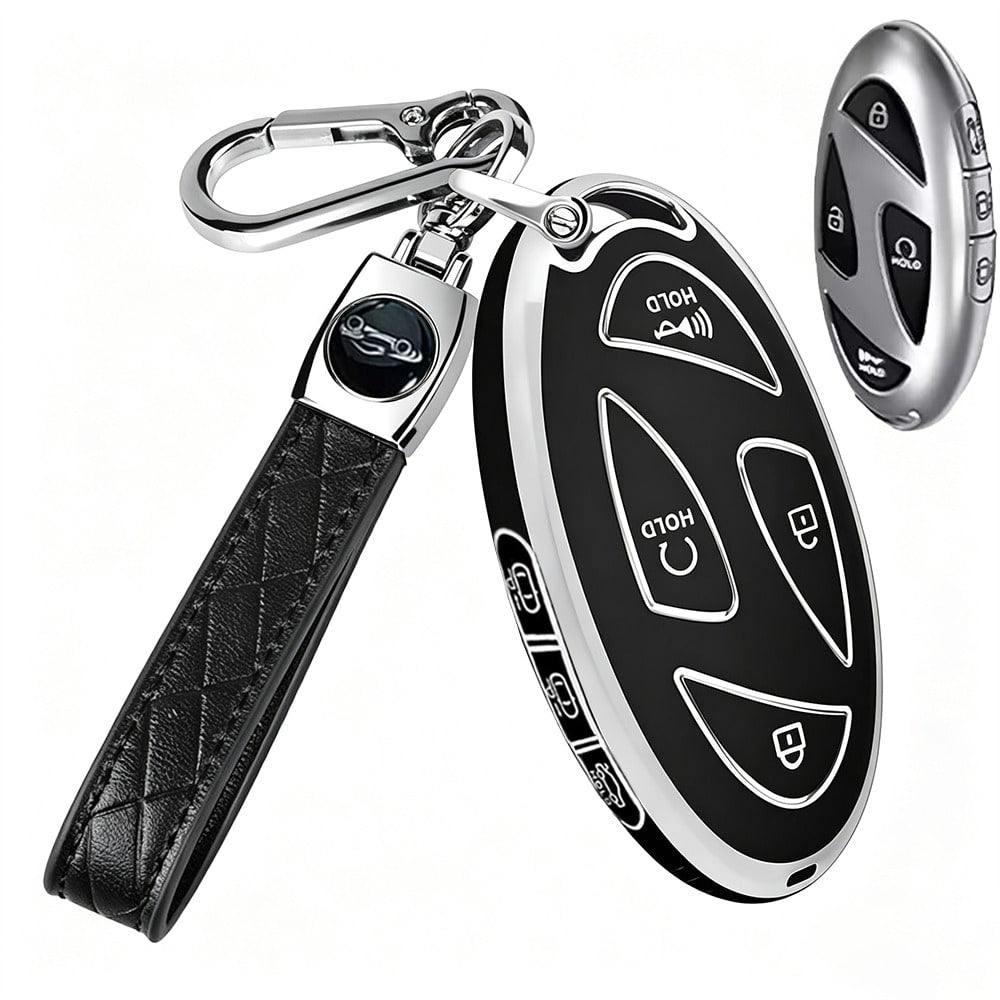 Compatible With Oval Modern 5-Button/7-Button Car Remote Key Fob, Electroplated Silver Edge TPU Full Coverage Protective Shell, Anti-Slip, Wear-Resistant, Anti-Drop, Dust-Proof, Minimalist Black Key C