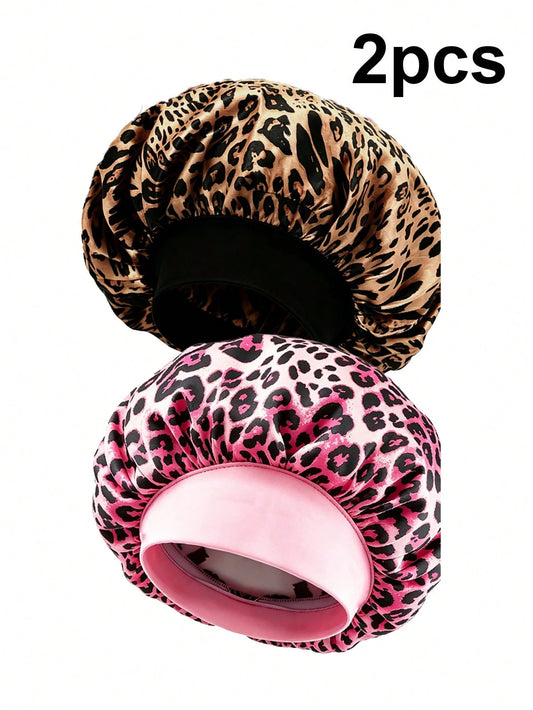 CONFLASS 5/2/1pc Fashionable Pink Brown Coffee Leopard Print Butterfly Wide Brim Round Hat Elastic Fabric Sleep Cap Wig Cap Satin Hat, Unisex, All Season