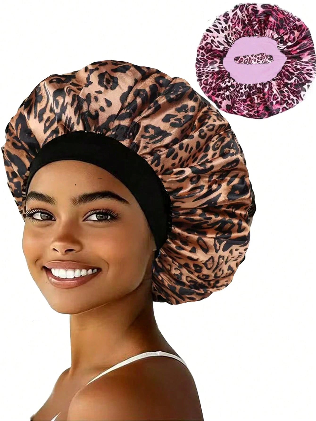 CONFLASS 5/2/1pc Fashionable Pink Brown Coffee Leopard Print Butterfly Wide Brim Round Hat Elastic Fabric Sleep Cap Wig Cap Satin Hat, Unisex, All Season