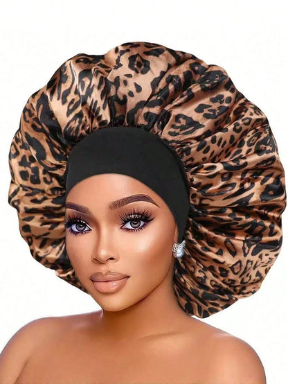 CONFLASS 5/2/1pc Fashionable Pink Brown Coffee Leopard Print Butterfly Wide Brim Round Hat Elastic Fabric Sleep Cap Wig Cap Satin Hat, Unisex, All Season
