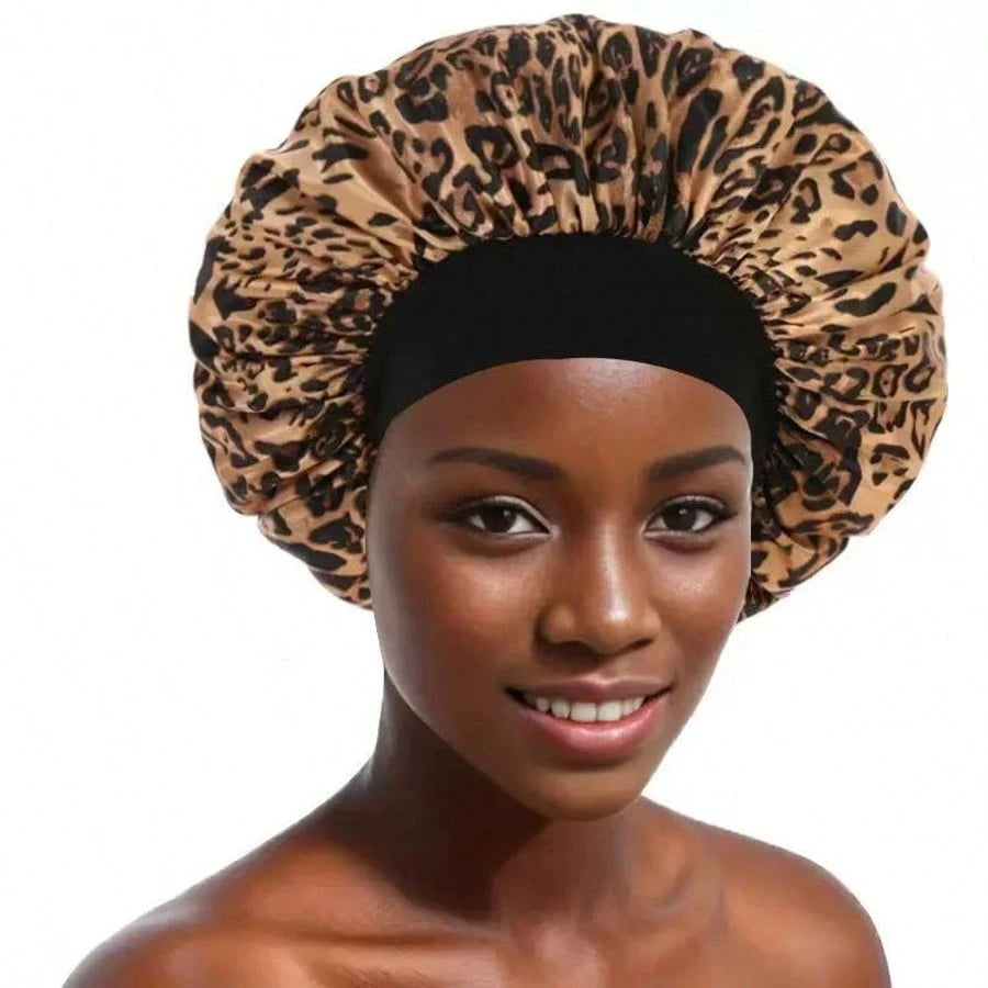 CONFLASS 5/2/1pc Fashionable Pink Brown Coffee Leopard Print Butterfly Wide Brim Round Hat Elastic Fabric Sleep Cap Wig Cap Satin Hat, Unisex, All Season
