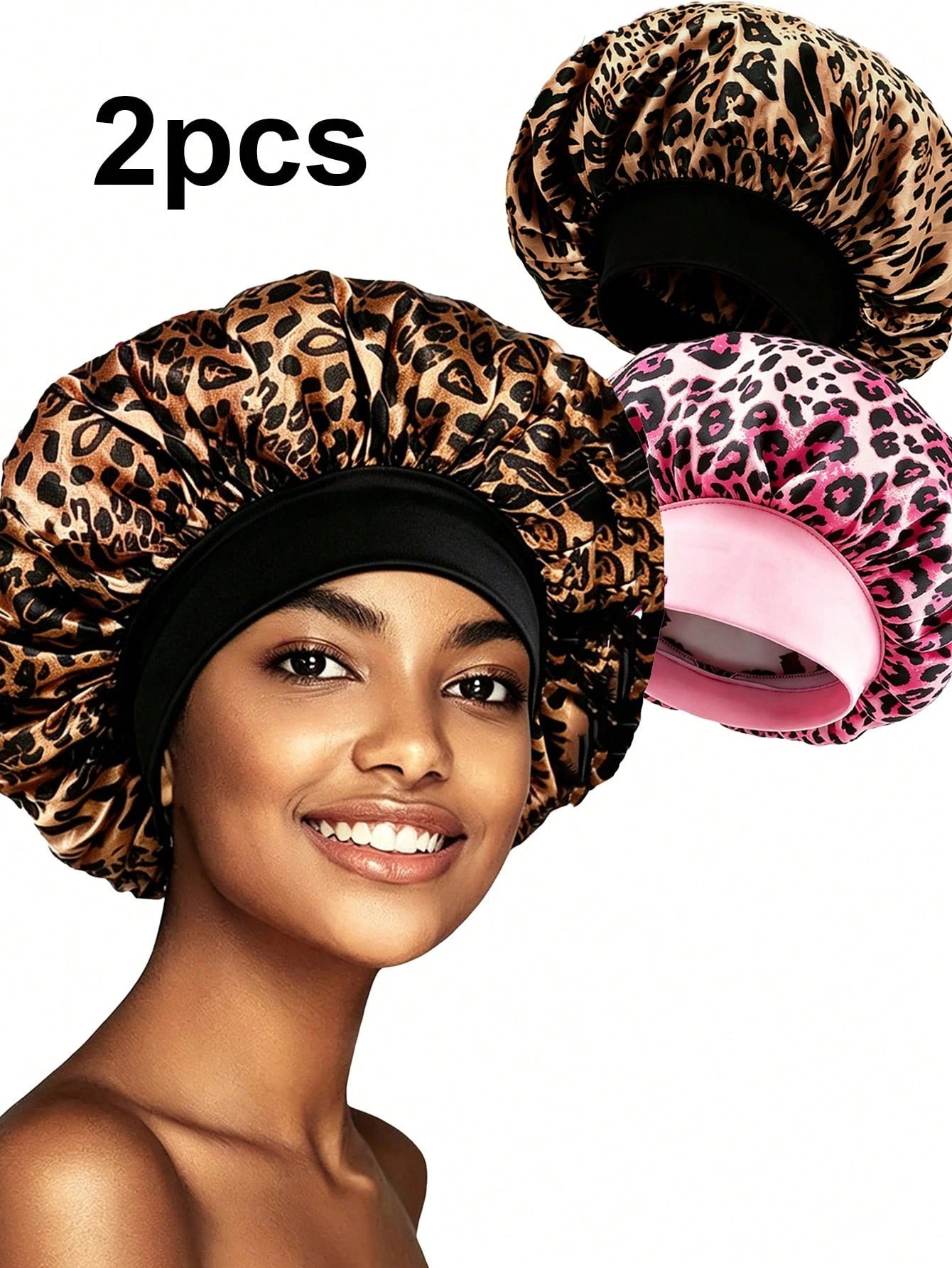 CONFLASS 5/2/1pc Fashionable Pink Brown Coffee Leopard Print Butterfly Wide Brim Round Hat Elastic Fabric Sleep Cap Wig Cap Satin Hat, Unisex, All Season