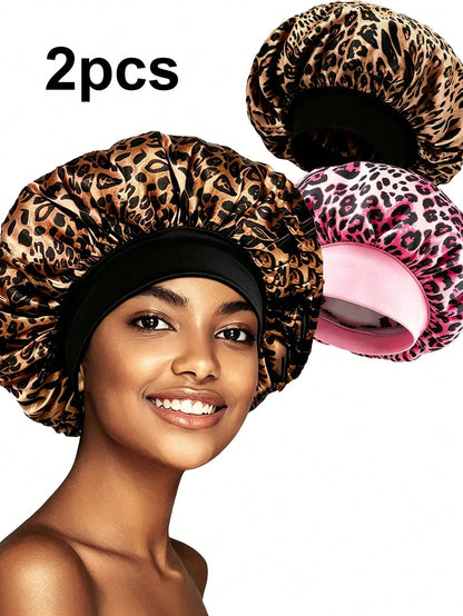 CONFLASS 5/2/1pc Fashionable Pink Brown Coffee Leopard Print Butterfly Wide Brim Round Hat Elastic Fabric Sleep Cap Wig Cap Satin Hat, Unisex, All Season