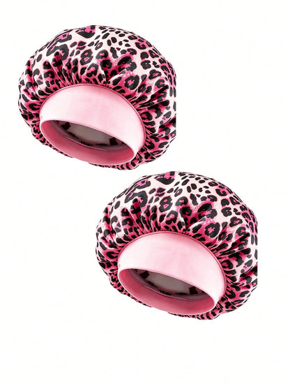 CONFLASS 5/2/1pc Fashionable Pink Brown Coffee Leopard Print Butterfly Wide Brim Round Hat Elastic Fabric Sleep Cap Wig Cap Satin Hat, Unisex, All Season
