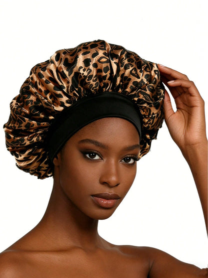 CONFLASS 5/2/1pc Fashionable Pink Brown Coffee Leopard Print Butterfly Wide Brim Round Hat Elastic Fabric Sleep Cap Wig Cap Satin Hat, Unisex, All Season
