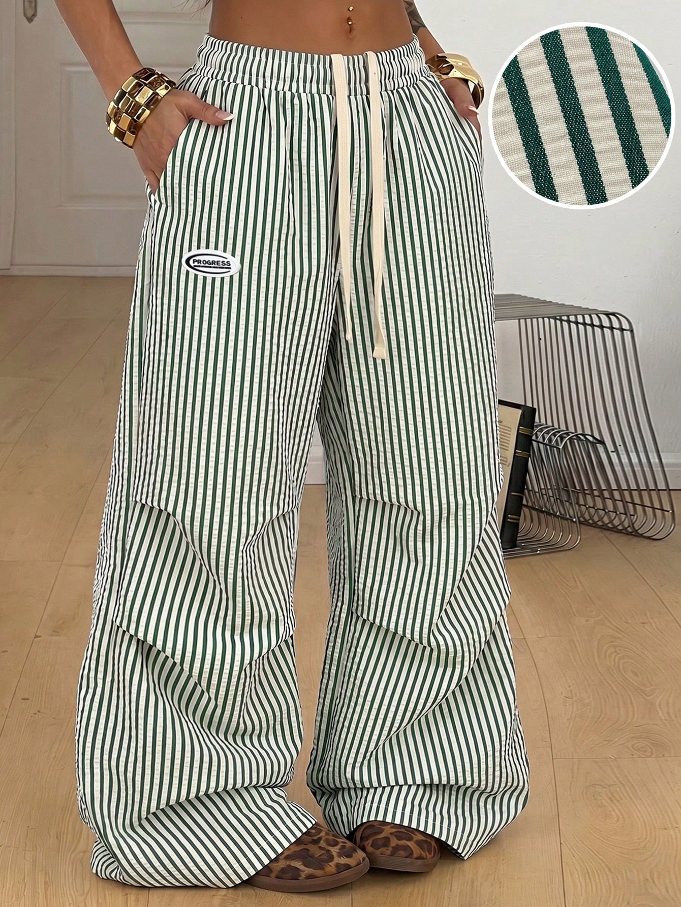 Coolane Autumn Outfits For Women Streetwear Casual Causual Going Out Vacation City Break Vacation City Break Vintage Y2K Basic Green And White Wide Leg Pants