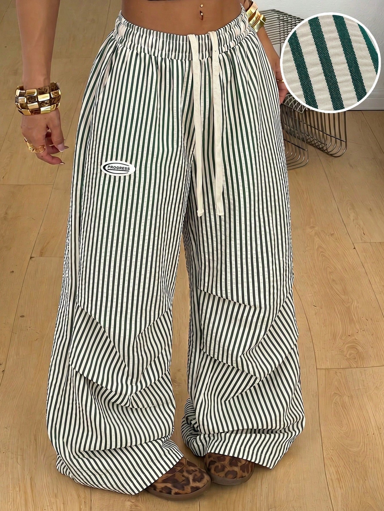 Coolane Autumn Outfits For Women Streetwear Casual Causual Going Out Vacation City Break Vacation City Break Vintage Y2K Basic Green And White Wide Leg Pants