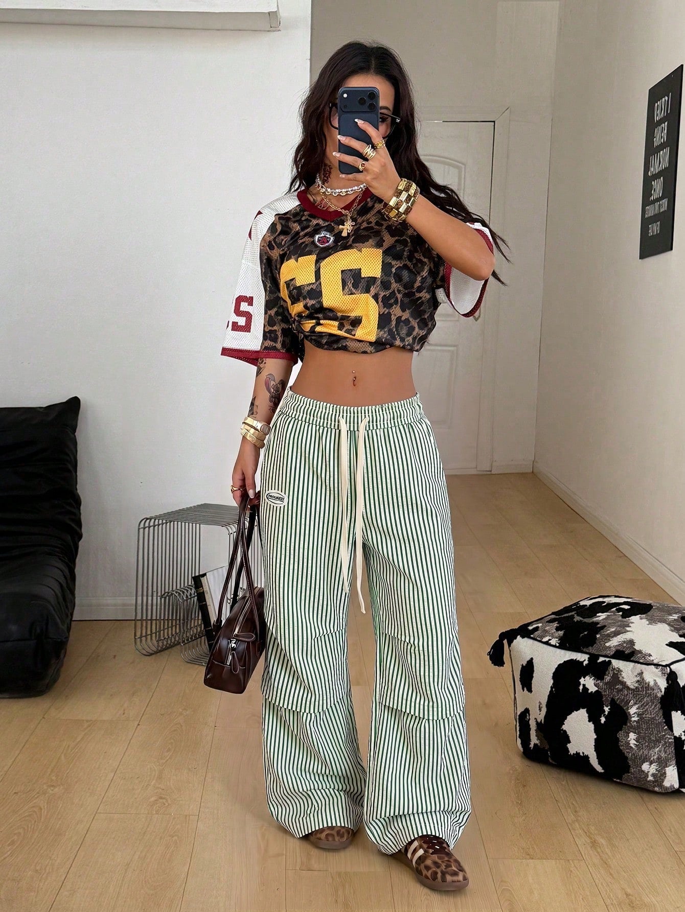 Coolane Autumn Outfits For Women Streetwear Casual Causual Going Out Vacation City Break Vacation City Break Vintage Y2K Basic Green And White Wide Leg Pants