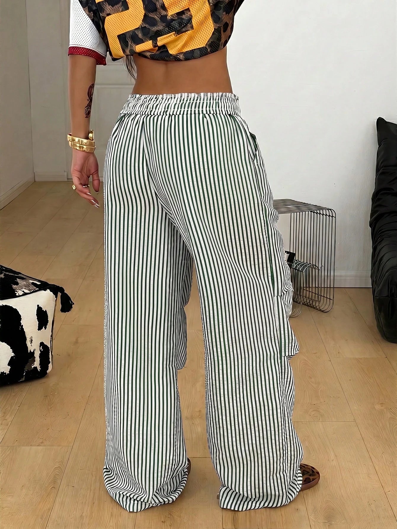 Coolane Autumn Outfits For Women Streetwear Casual Causual Going Out Vacation City Break Vacation City Break Vintage Y2K Basic Green And White Wide Leg Pants
