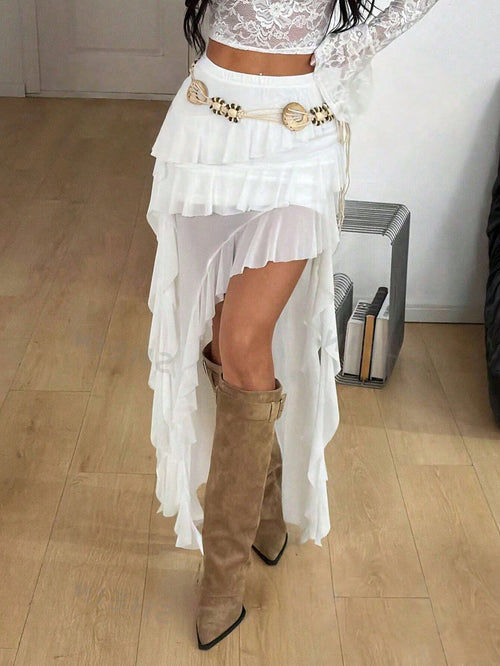 Coolane Women's Summer Concert Streetwear Vacation Boho Y2K Country Concert Lace Asymmetrical Ruffle Fringe White Low Rise Long Skirt