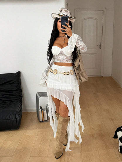 Coolane Women's Summer Concert Streetwear Vacation Boho Y2K Country Concert Lace Asymmetrical Ruffle Fringe White Low Rise Long Skirt