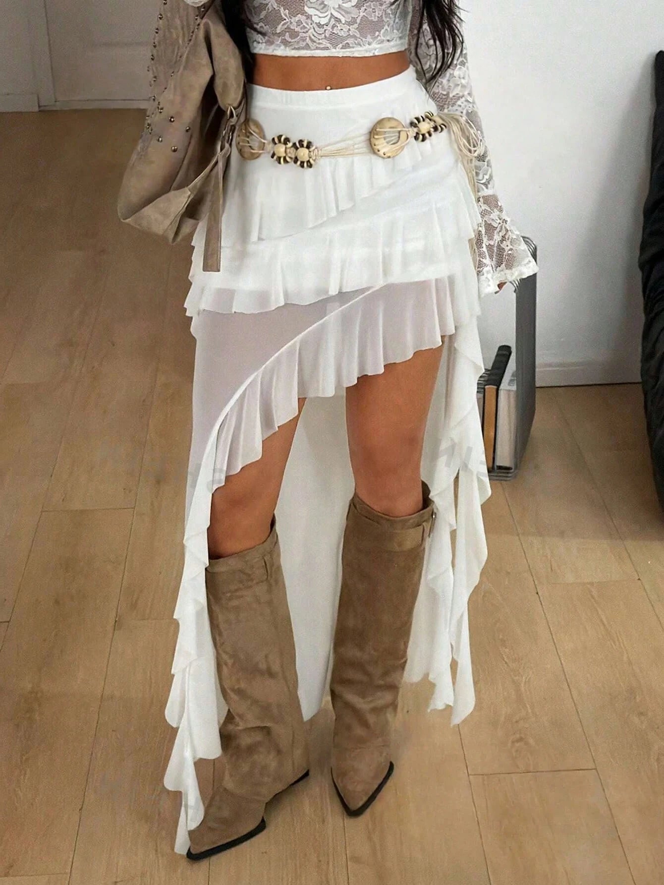 Coolane Women's Summer Concert Streetwear Vacation Boho Y2K Country Concert Lace Asymmetrical Ruffle Fringe White Low Rise Long Skirt