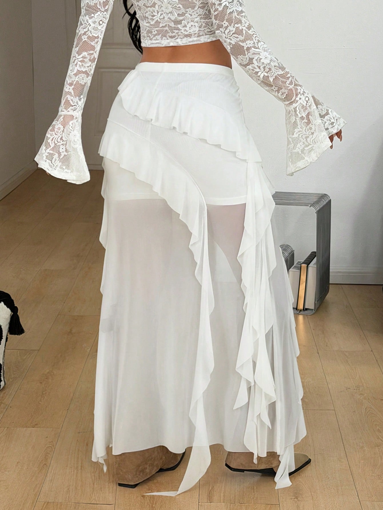 Coolane Women's Summer Concert Streetwear Vacation Boho Y2K Country Concert Lace Asymmetrical Ruffle Fringe White Low Rise Long Skirt