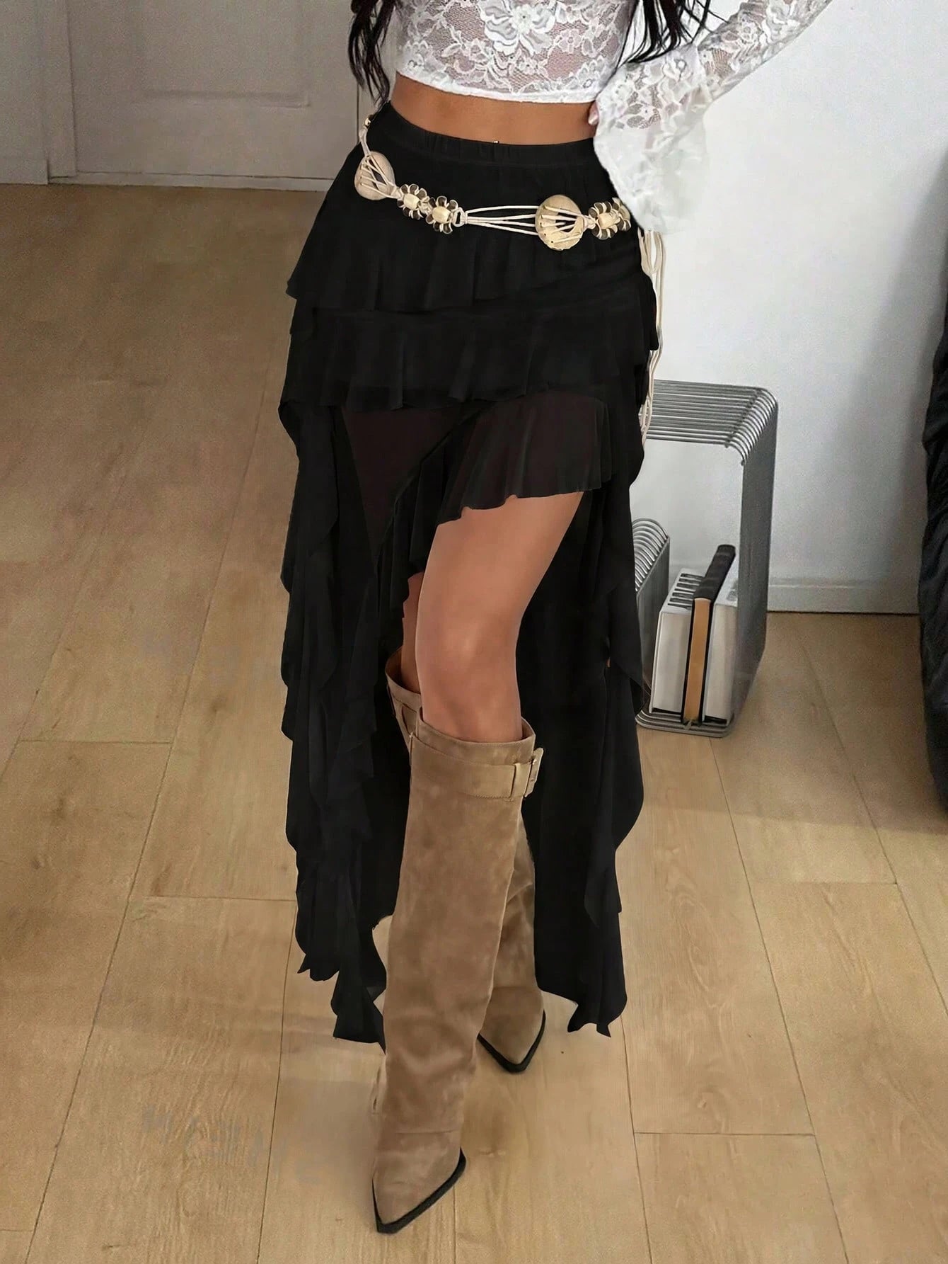 Coolane Women's Summer Concert Streetwear Vacation Boho Y2K Country Concert Lace Asymmetrical Ruffle Fringe White Low Rise Long Skirt