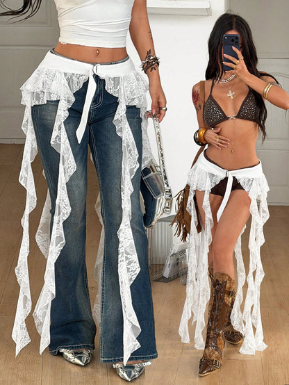 Coolane Women's Summer Streetwear Party Music Festival Sexy Y2k Boho Beach Outfits Lace Fringe Ruffle Skirt