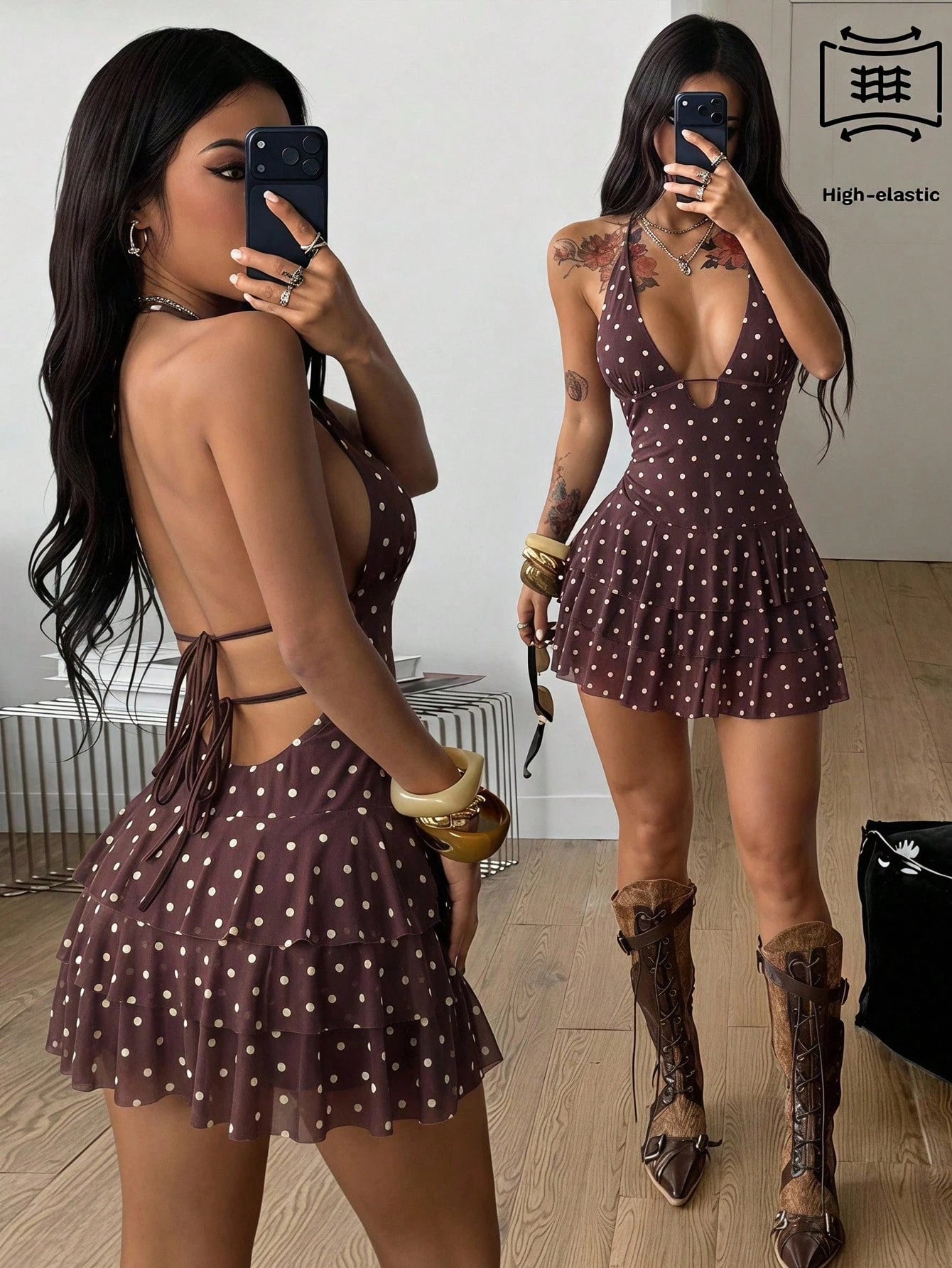 Coolane Women's Summer Streetwear Sexy Casual Night Out Club Party Vacation Outfits Date Night Ruffle Brown And White Polka Dot V-Neck Halter Backless Dress