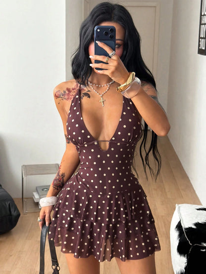 Coolane Women's Summer Streetwear Sexy Casual Night Out Club Party Vacation Outfits Date Night Ruffle Brown And White Polka Dot V-Neck Halter Backless Dress