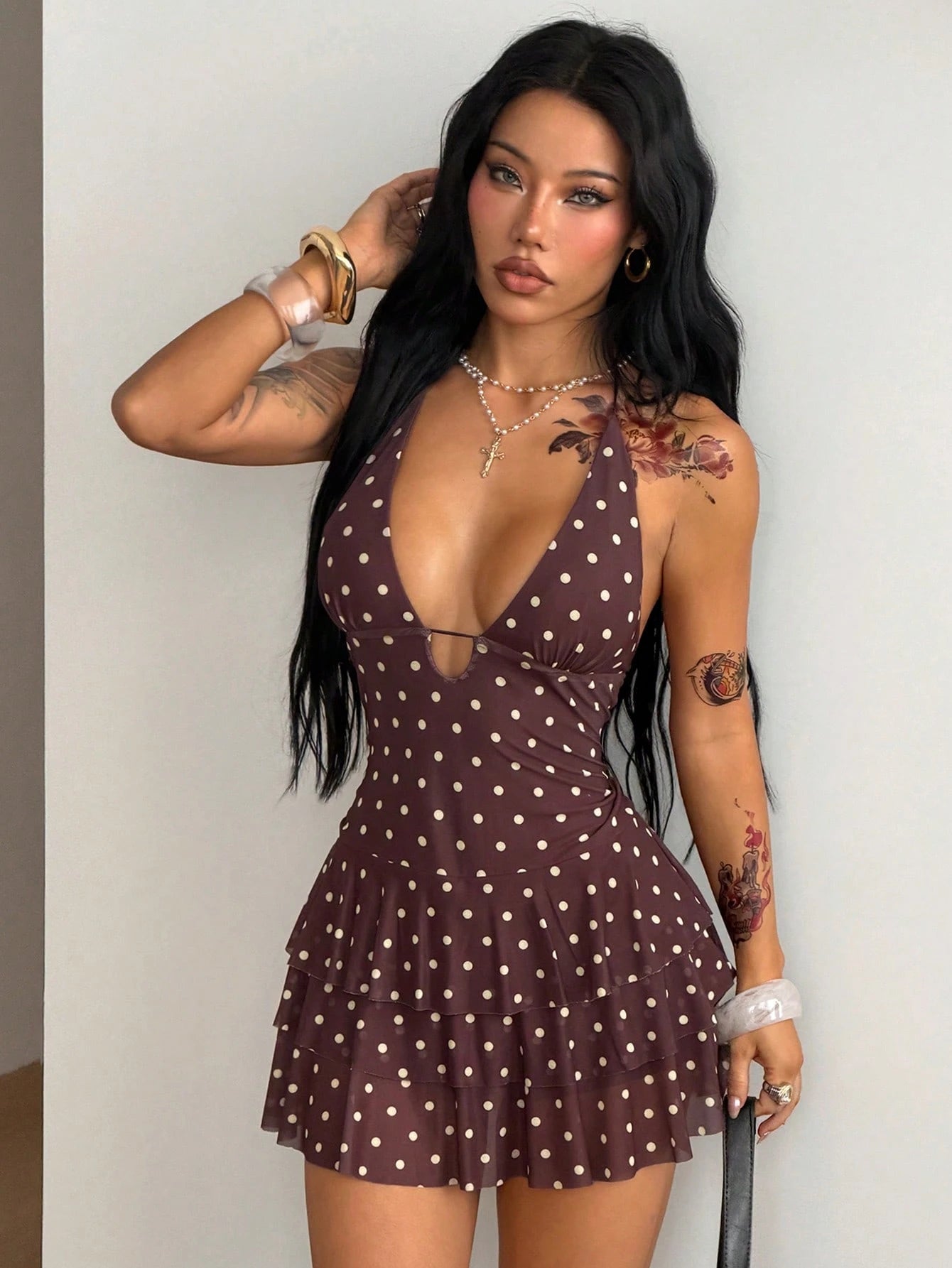 Coolane Women's Summer Streetwear Sexy Casual Night Out Club Party Vacation Outfits Date Night Ruffle Brown And White Polka Dot V-Neck Halter Backless Dress