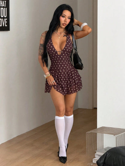 Coolane Women's Summer Streetwear Sexy Casual Night Out Club Party Vacation Outfits Date Night Ruffle Brown And White Polka Dot V-Neck Halter Backless Dress