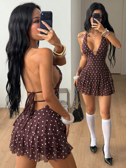 Coolane Women's Summer Streetwear Sexy Casual Night Out Club Party Vacation Outfits Date Night Ruffle Brown And White Polka Dot V-Neck Halter Backless Dress